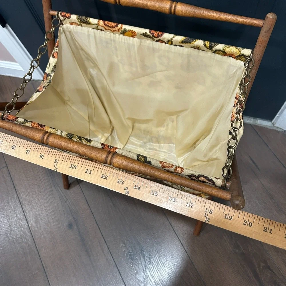 Vintage MCM Knitting Sewing Caddy Crochet Yarn Basket Folding Wood Frame Floral‎